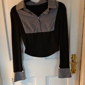 SHEIN Black Button-Down Layered Look Top with Gray Pinstripe Collar